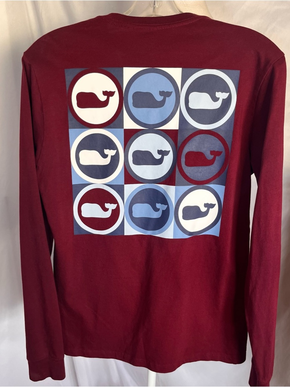 Vineyard Vines Long Sleeve Colorblock Whale Dot Grid Pocket Tee Burgundy Blue XS